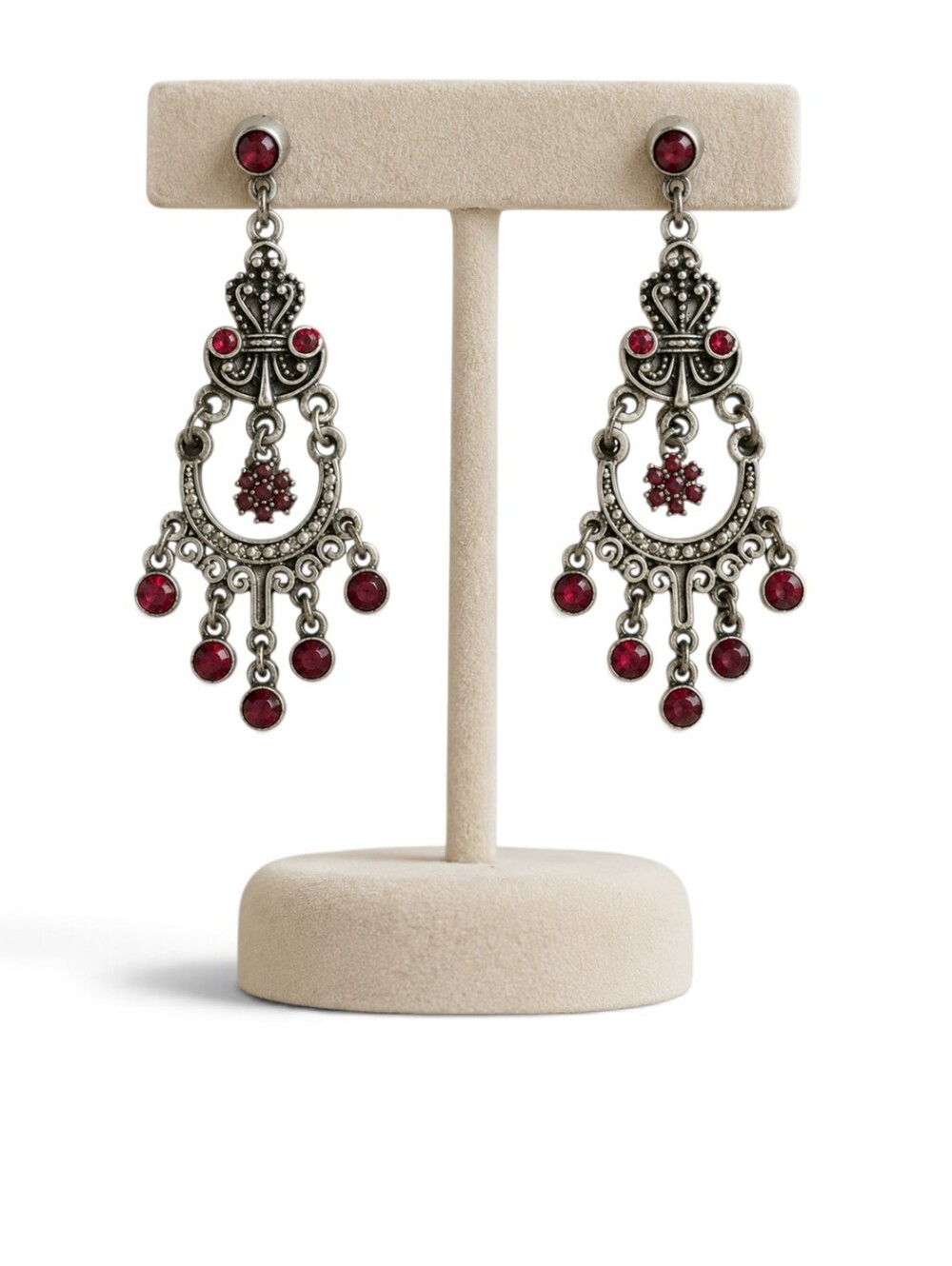 Gothic-Style Antique Silver Chandelier Earrings Red Rhinestones